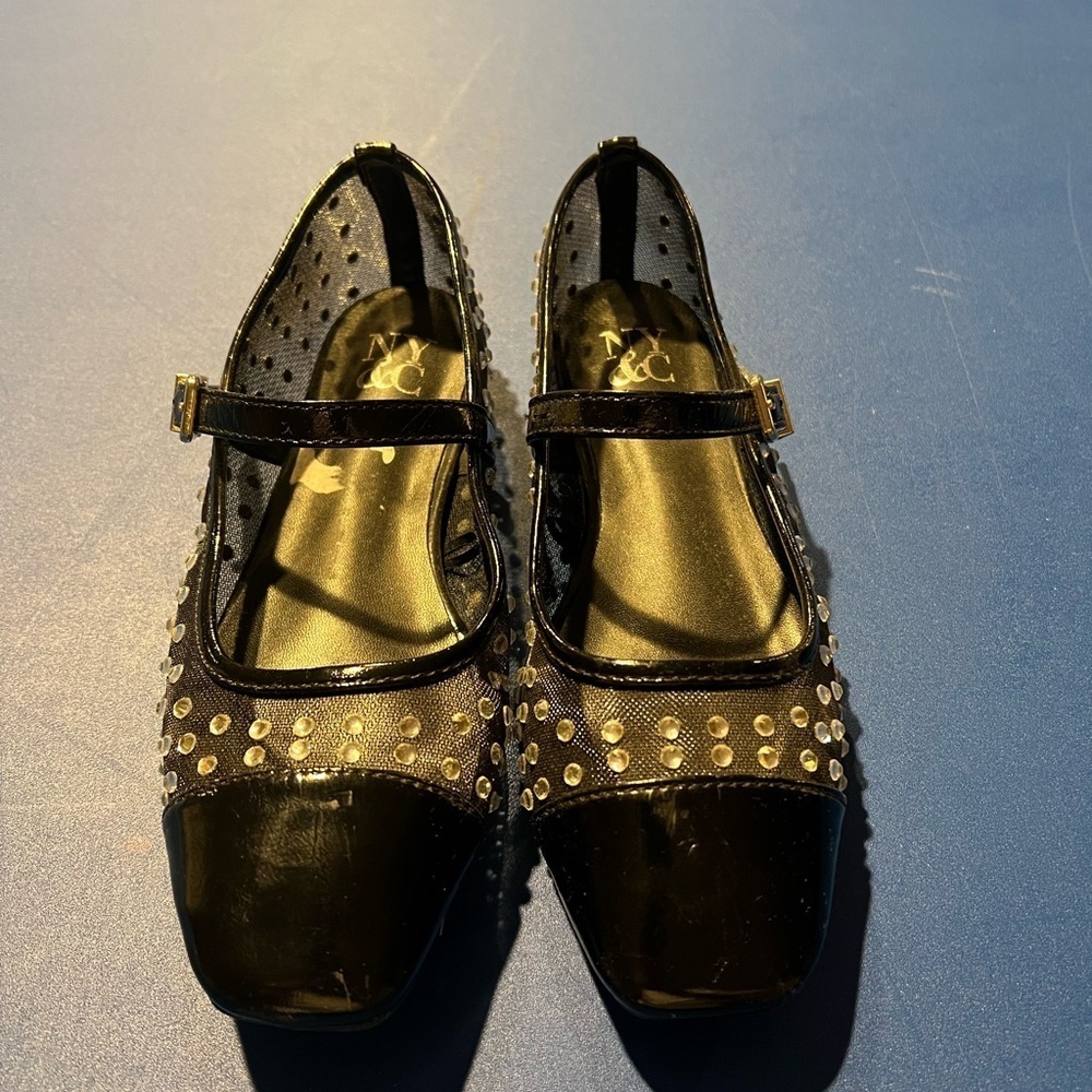 NY & C Mary Jane Ballet Flats with Rhinestones Square Toe Black Mesh Fabric Sz 6